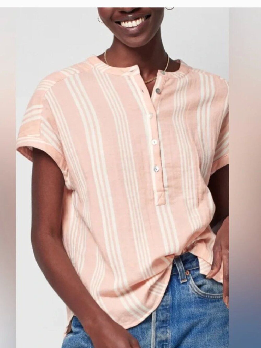 Faherty Dream Organic Cotton Gauze Desmond Top Small Coral Peach Stripe Blouse